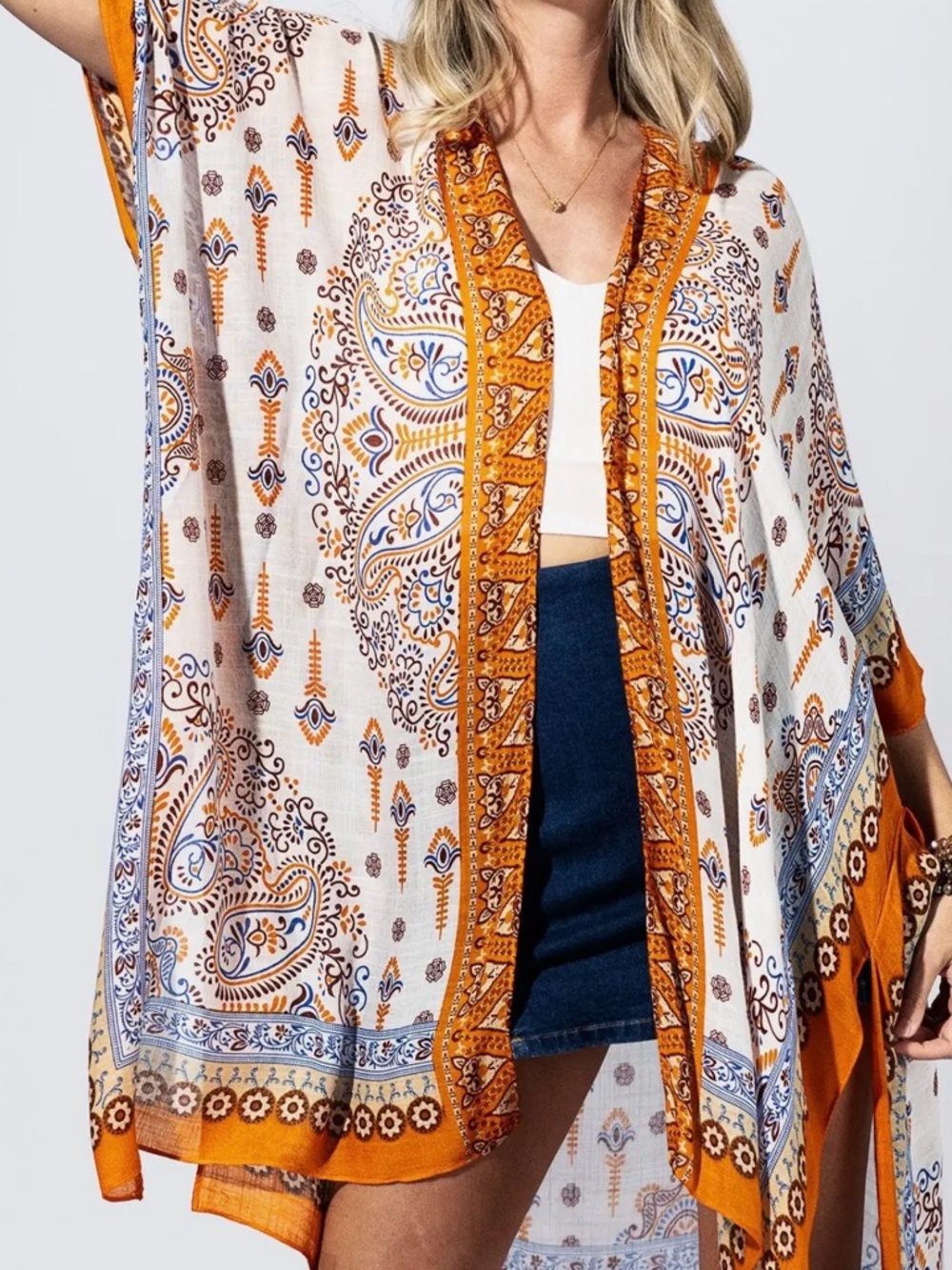 Boho Paisley Kimono Cover-Up in White and Orange